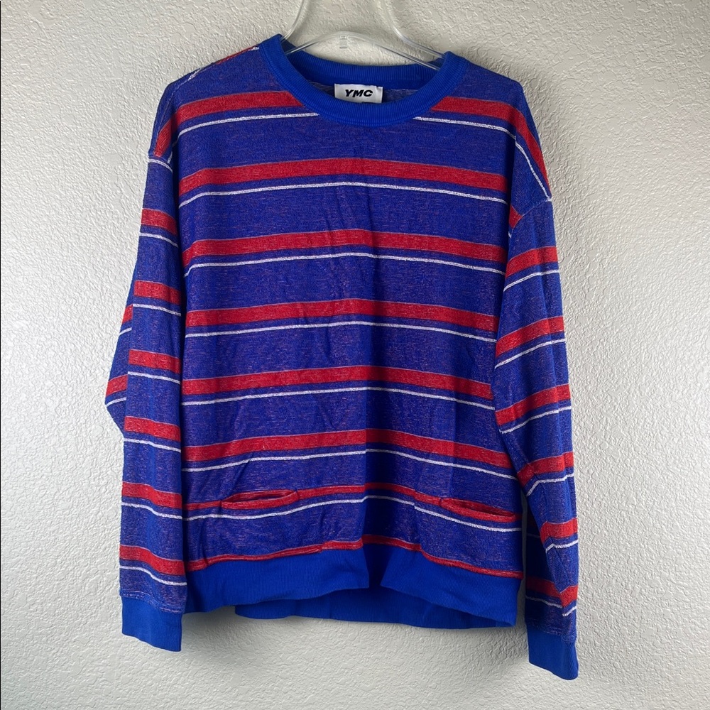 YMC Frat Boy Sweatshirt in blue, red, and white stripes size large